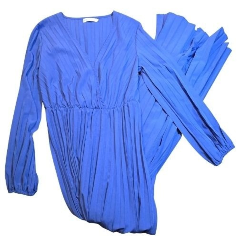 Royal Blue 2XL Pleated Wide Leg Jumpsuit Long Sleeve V-Neck Surplice Maxi Romper